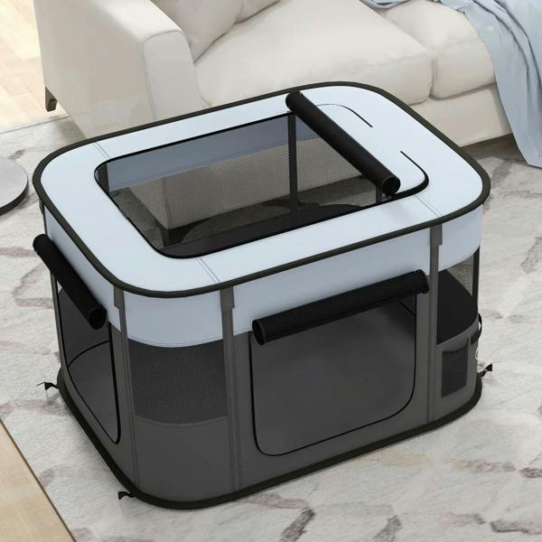 Grey foldable dog playpen with top access panel and mesh sides, compact indoor setup