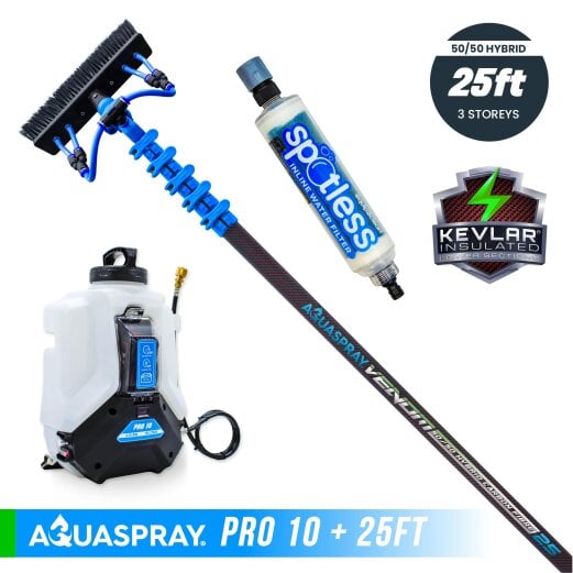 Equip2clean Aquaspray® Venom 50/50 Hybrid KEVLAR INSULATED Water-Fed Pole & Spray Tank Pack | 18ft–30ft - Aquaspray Pro 10L Backpack - 25ft