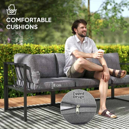 Wyld Haus Liketti Metal Grey 5 Seater L Shaped Garden Sofa Set With Cushions and Glass Table