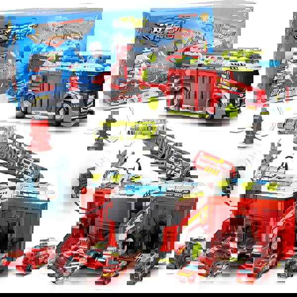 deAO 2-in-1 Transforming Fire Truck Playset with ladder launcher & mini cars - interactive rescue toy, perfect for birthdays and Christmas