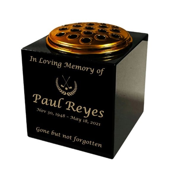 Memorials Direct Granite Memorial Vase- Solid Granite – Free Personalised Gold Engraving, Golf Design – Includes Metal Flower Pot Insert
