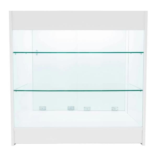 White Apollo LED shop counter set featuring sleek glass shelves and a modern design, ideal for showcasing products in retail spaces