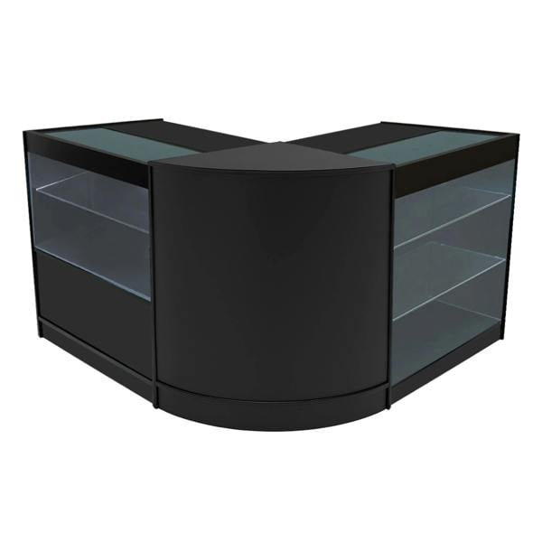 Hera LED Shop Counter Set in sleek black features a modern design with glass display shelves and a curved shape for stylish retail presentation