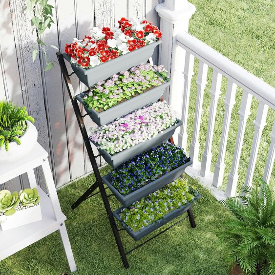 Bobobiy 5-Tier Raised Garden Bed, Vertical Ladder Plant Stand with 5 Removable Boxes, Elevated Flower Herb Growing Box, Grey