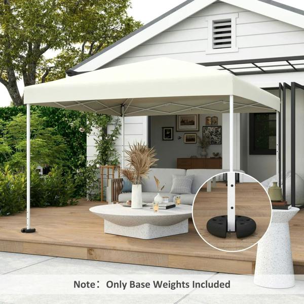 Dark gray base weight disc at tent leg on outdoor deck