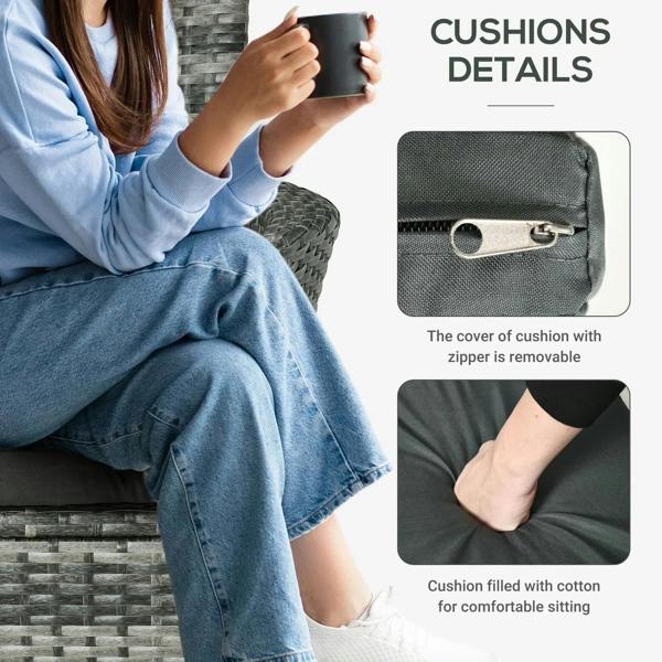 Grey rattan chair cushion with removable zip cover detail