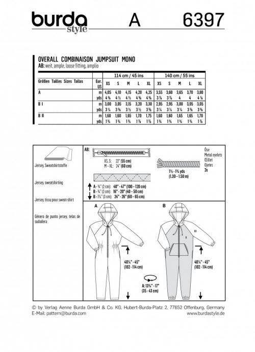 Burda Sewing Pattern 6397 Onesies For Men and Women, XS-XL - Easy