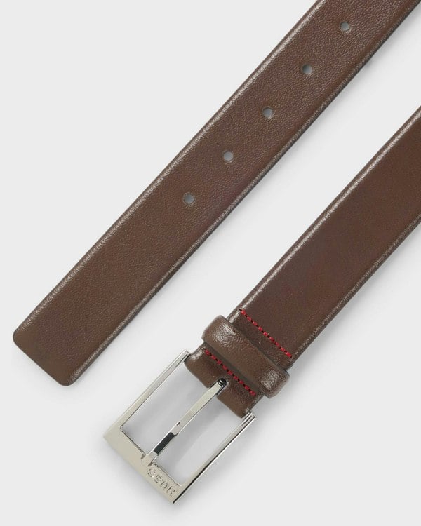 HUGO Gellot Mens Grained-Leather Belt with Logo Engraved Buckle - Dark Brown 202