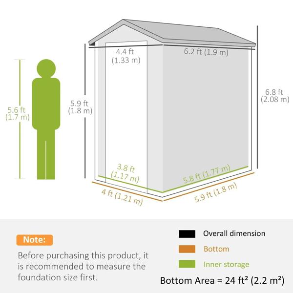 Shed dimension diagram: 4.4 ft x 6.2 ft with inner storage and foundation layout