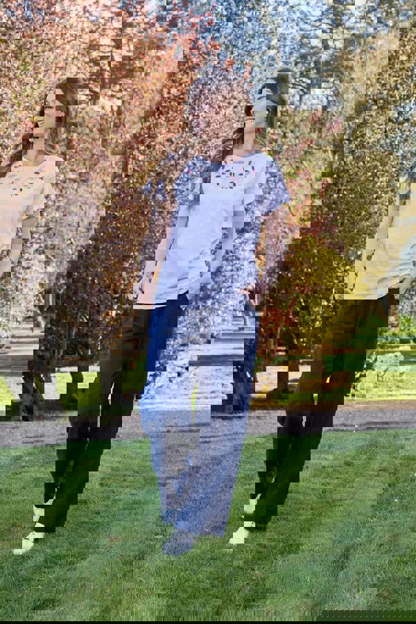 Mudflower Linen Blend Blanket Stitch Wide Leg Trousers