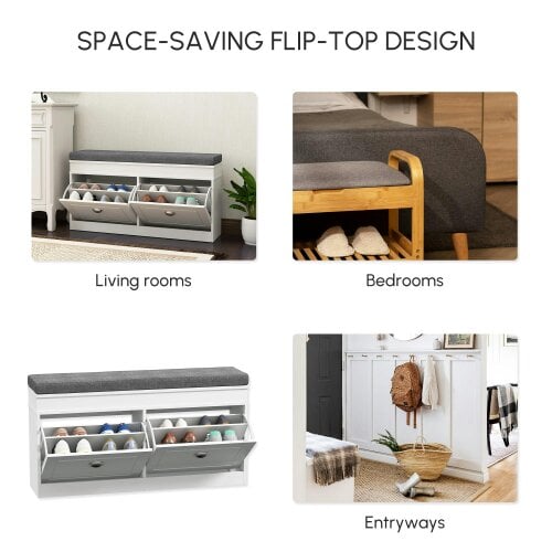 Wyld Haus Nedola Wooden White Shoe Storage Bench With Cushioned Seat 2 Flip Drawers