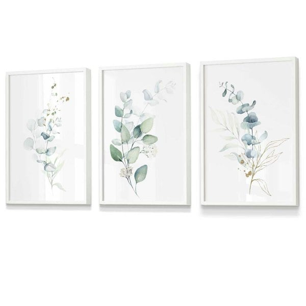 Artze Wall Art Set of 3 Framed Eucalyptus Blue Green and Gold Splash Prints
