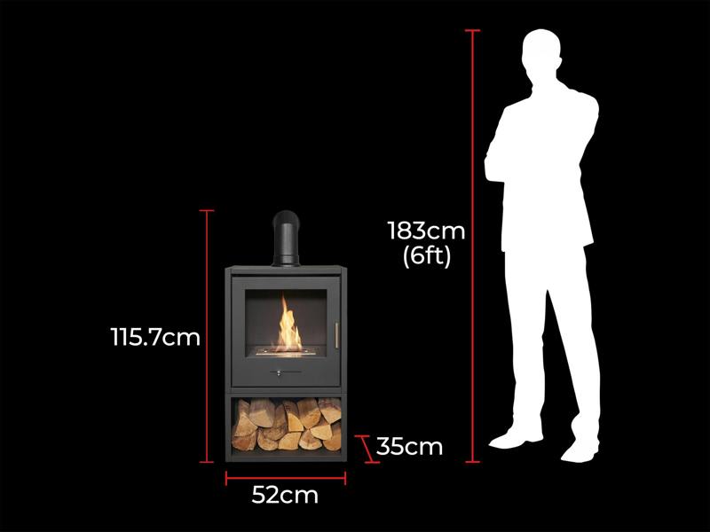 OKO S3 Bio Ethanol Stove with Log Storage in Charcoal Grey & Angled Stove Pipe