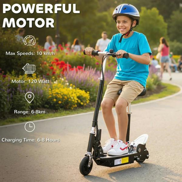Black powered scooter with padded seat and hand controls, child riding outdoors