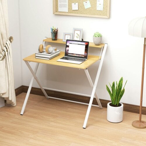 Wyld Haus Lune 86cm Maple Wood Effect Folding Desk With 2 Tier Storage Shelves