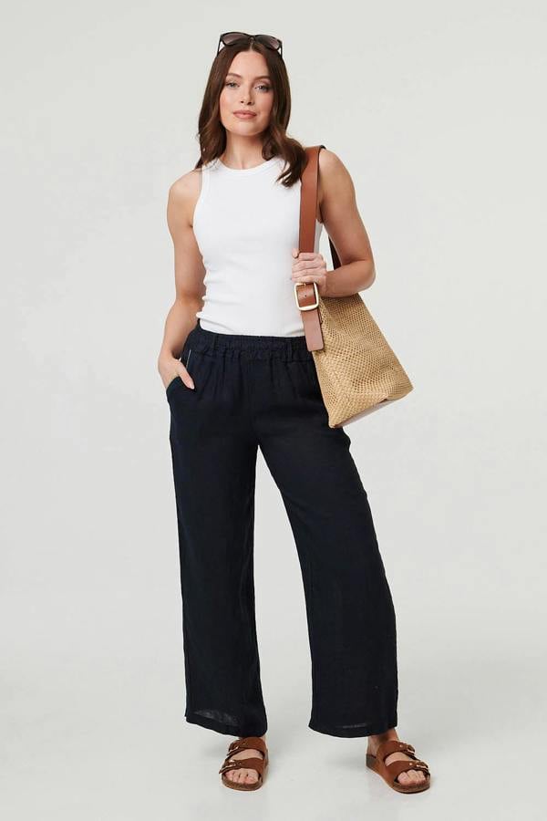 Navy | High Waist Wide Ankle Length Trousers : Model is 5'9"/175 cm and wears UK8/EU36/US4/AUS8