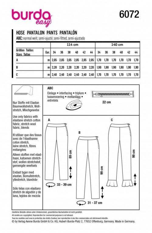 Burda Sewing Pattern 6072 Trousers For Women, 8-18 (34-44) - Easy