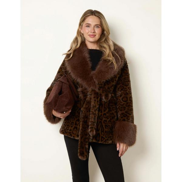 Blue Vanilla Leopard Plush Faux Fur Belted Coat