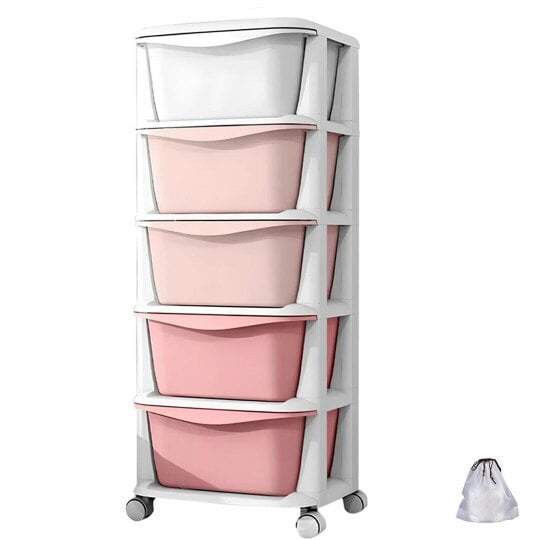 Havendro 5TIER PLASTIC STORAGE DRAWERS TOWER W/ WHEELS TROLLEY UNIT HOME OFFICE - pink - plastic