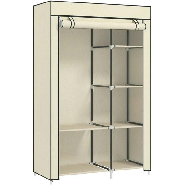 Cream fabric wardrobe with open frame, hanging rail and six storage shelves