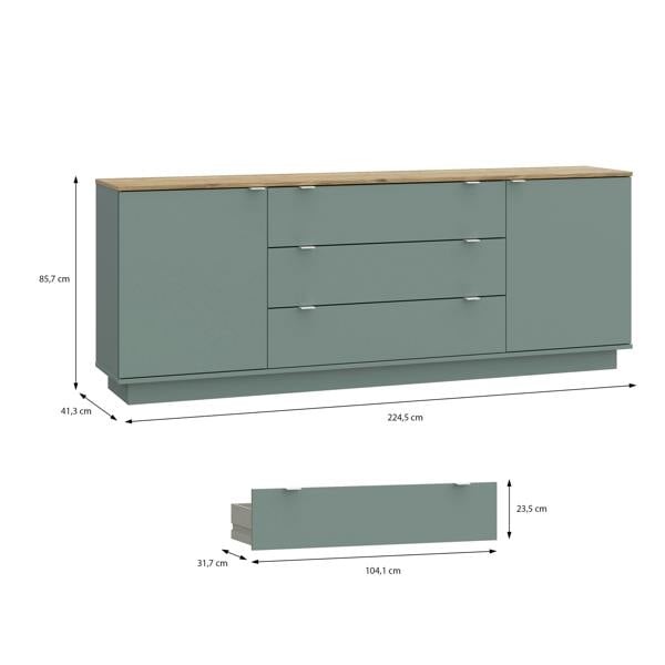 Furniture To Go Ganymede Large Sideboard with 3 Drawers & 2 Doors in Mauvella Oak and Sage