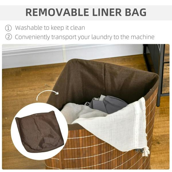 Brown bamboo hamper with removable washable liner bag, showing folded laundry