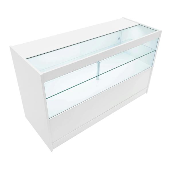 LED retail shop counter C1500 in sleek white finish, featuring a glass display top and spacious storage below for showcasing products