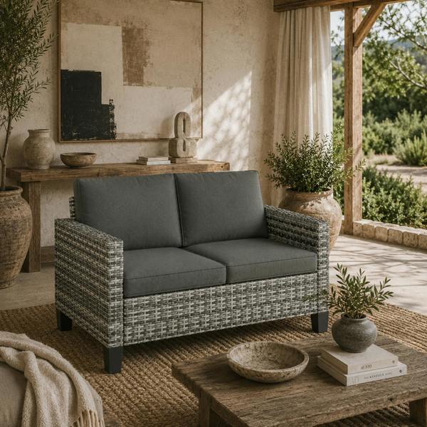 Wyld Haus Kalazi Rattan Light Grey 2 Seater Outdoor Sofa With Cushions