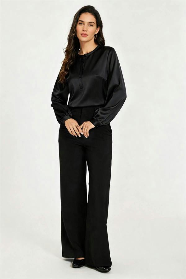 FS Collection Long Sleeve Satin Blouse Top In Black