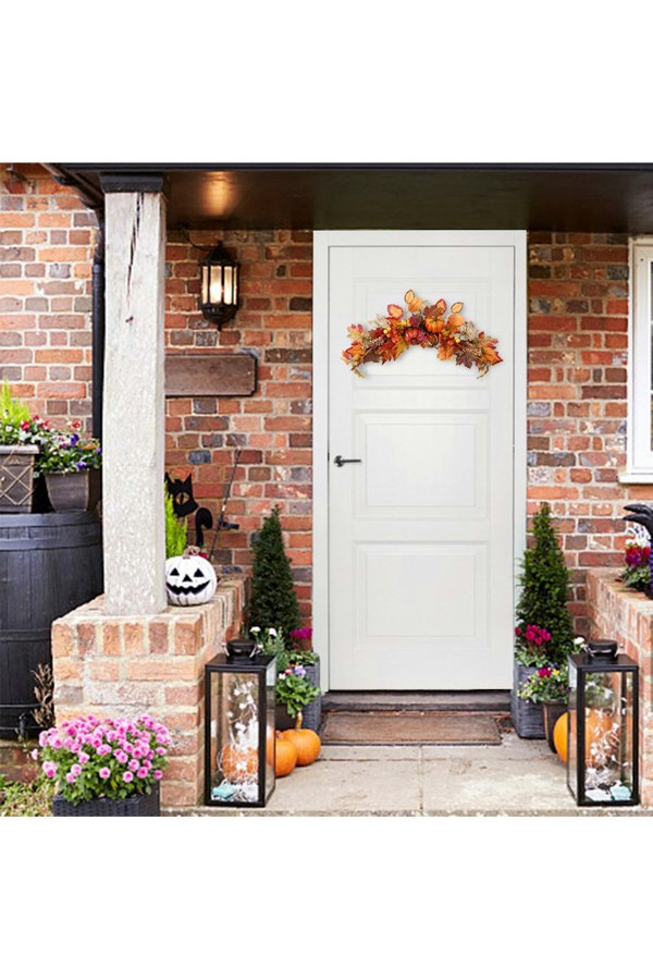 Living and Home 60cm Artificial Autumn Swag Maple Leaves Berry Pumpkin Arch Garland with Light for Halloween Thanksgiving Decor
