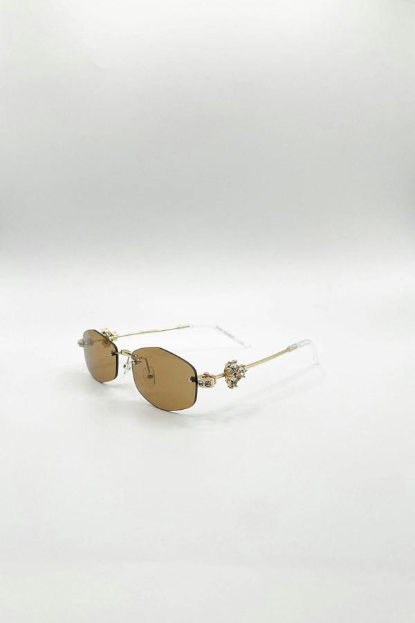 SVNX Rimless Oval Diamante Sunglasses In Brown