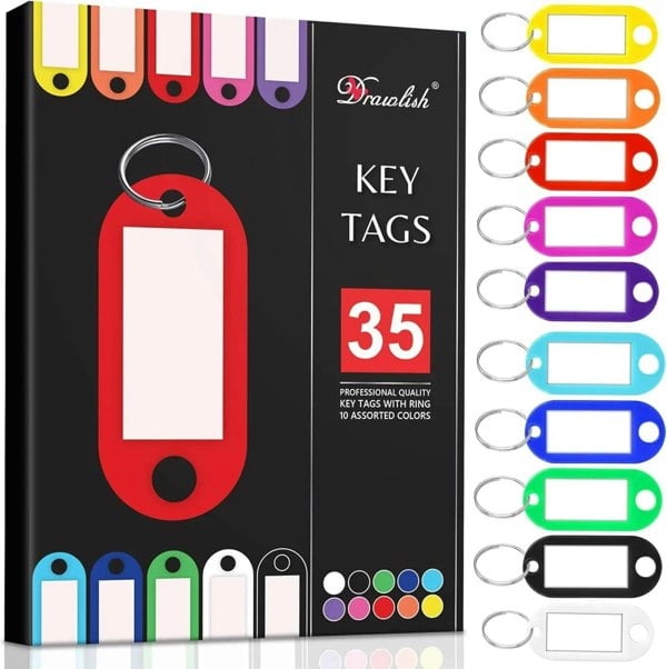 Drawlish Key Tags With Labels - Pack of 35 Durable Key Fobs with Split Keyrings