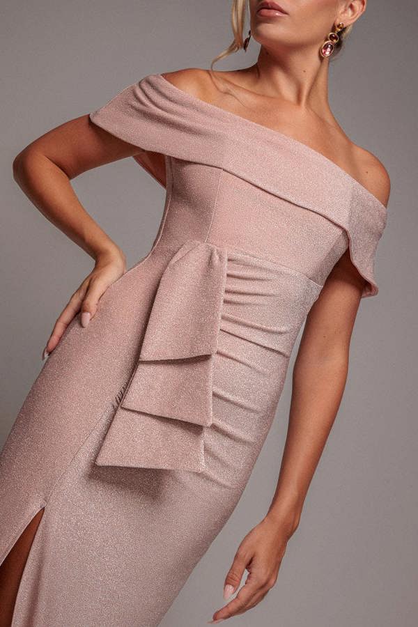 Lurex Bardot Maxi With Waterfall Ruffle - Blush DR4093