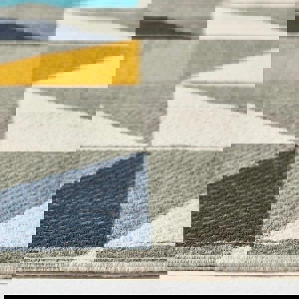 HOMESCAPES Copenhagen Blue, Yellow and Grey 100% Cotton Geometric Style Scandi Printed Rug
