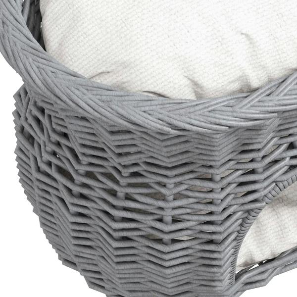 Grey woven wicker cat house side with white cushion and tight braided walls