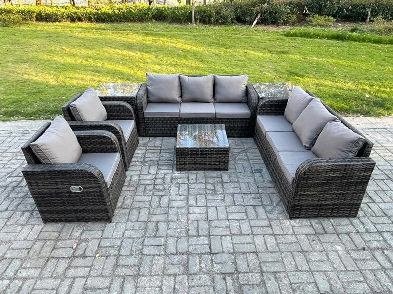 Fimous High Back Rattan Garden Furniture Set with Square Coffee Table 2 Side Tables Indoor Outdoor Patio Lounge Sofa Set Dark Grey Mixed