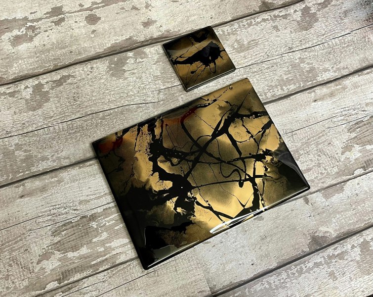 Kate Chesters Art Black Gold Resin Placemats and Coasters Dining Set - Heat Tolerant