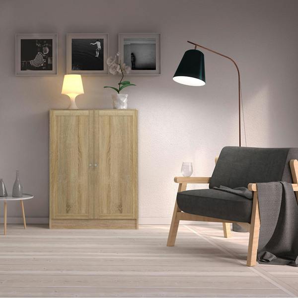 Furniture To Go Basic Low Wide Storage Cabinet in Oak (2 Shelves) with 2 Oak Doos