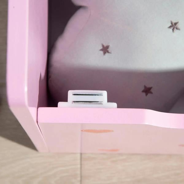 Pink toy box interior with hinged lid and visible safety rod support hardware