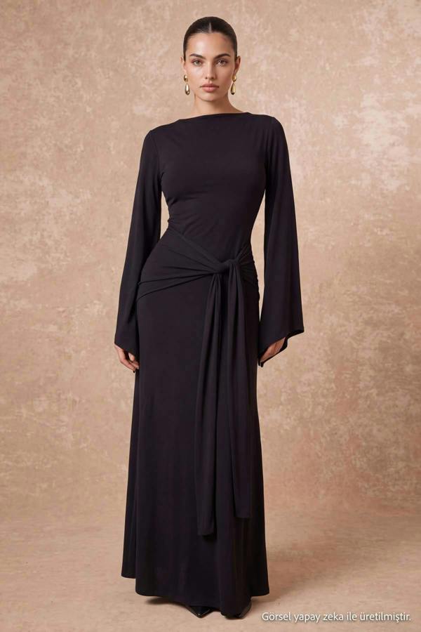 High Neck Long Sleeve Tie Waist A-Line Maxi Dress