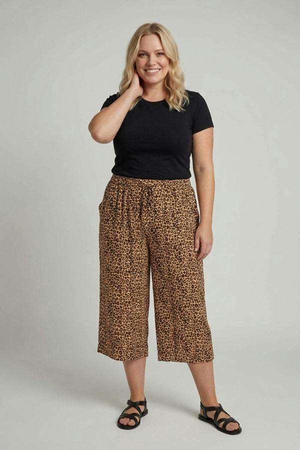 Beige | Curve Animal Print High Waist Trousers