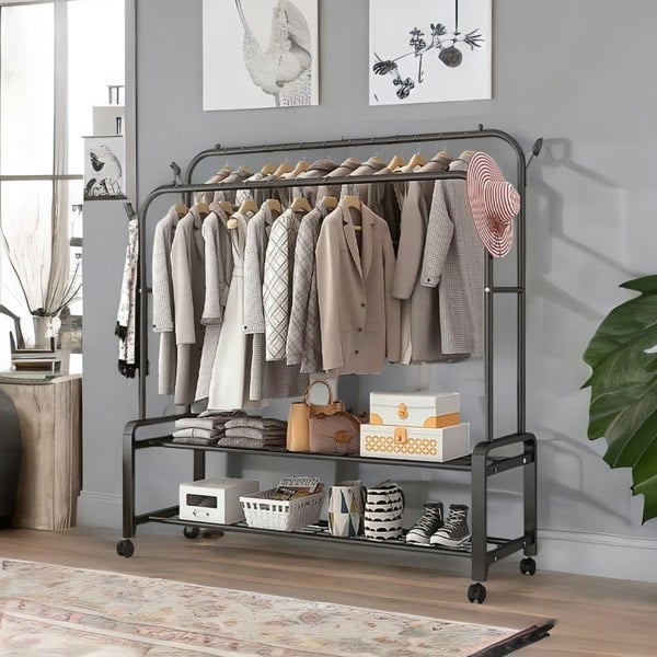 Rafaelo Mobilia Heavy Duty Metal Clothes Rail Open Wardrobe With 2 Storage Shelves Black