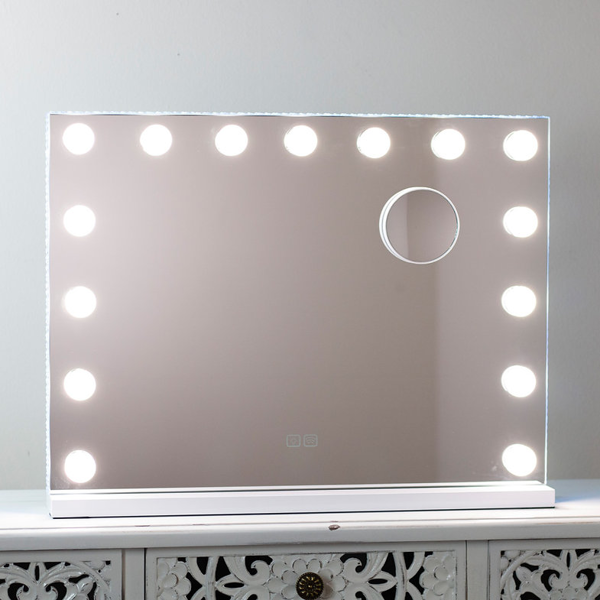 Downton Interiors White Modern LED Hollywood Vanity Tabletop Mirror with Bulbs 58cm - Soho Collection
