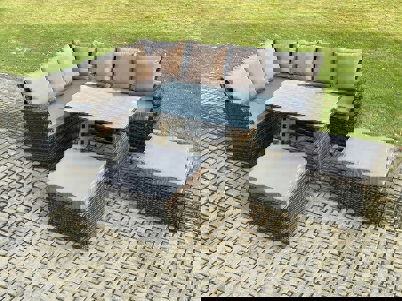 Fimous High Back Outdoor Garden Furniture Set Rattan Corner Sofa Dining Table Set With 2 Big Footstool 8 Seater Dark Grey Mixed