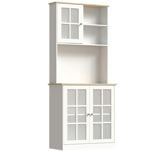 Wyld Haus Somire Wooden White Kitchen Storage Cabinet With Glass Doors Countertop And Adjustable Shelves
