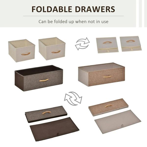 Foldable fabric drawer storage boxes with curved wooden handles, shown open and closed