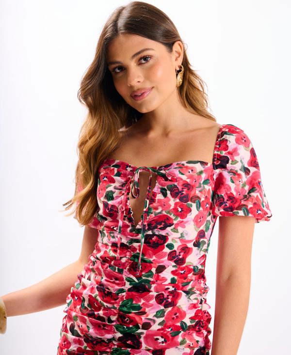 Needs No Label Pink Rose Ruched Detail Mini Dress