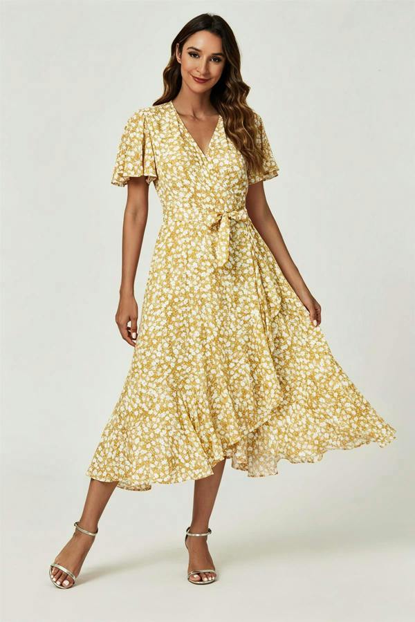 FS Collection Floral Print Midi Wrap Dress In Yellow