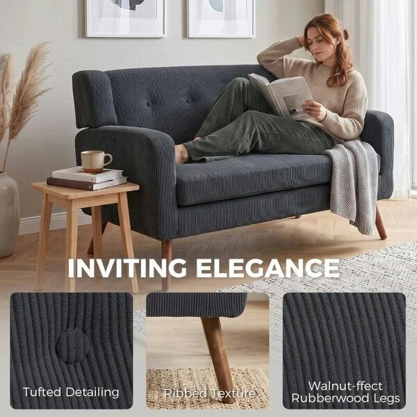 2 Seater Sofa, 118 cm Corduroy Small Loveseat with Spring Cushion, Wood Legs for Small Space, Living Room, Dark Grey