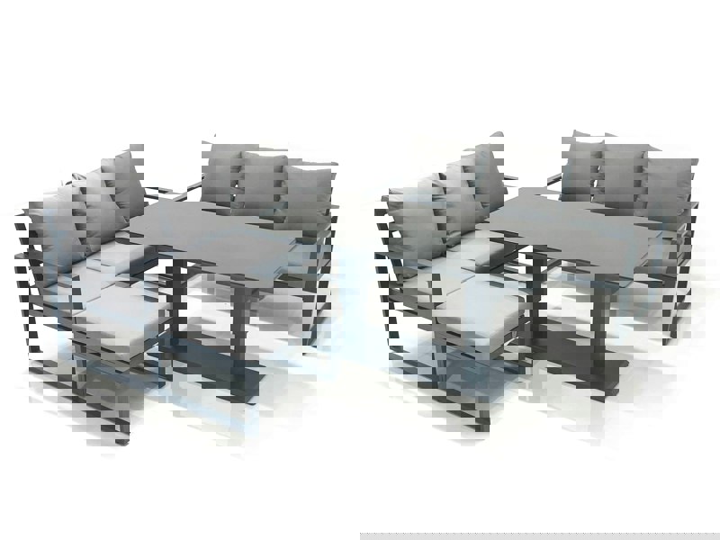 Fimous 7 Seater Aluminium Outdoor Garden Furniture Set with Adjustable Rising Lifting Dining Table 3 Seater Sofa Big Footstool Dark Grey